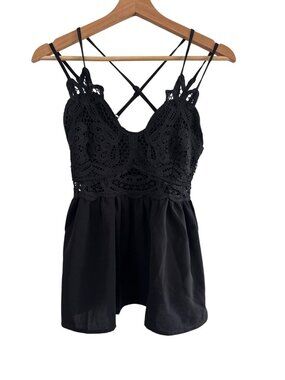 Black Lace Crochet Spaghetti Strap Top With Crisscross Back By Mainstrip - Size